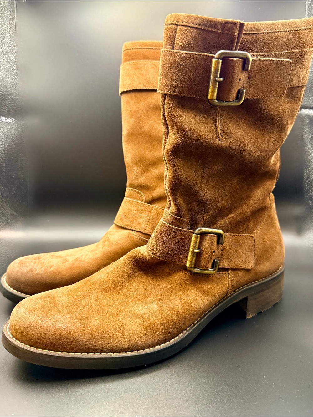 Paul Green Suri Tan Suede Mid-Calf Buckle Heeled Boots